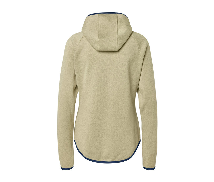 Rückansicht einer gelben Strickfleece-Jacke mit Kapuze.