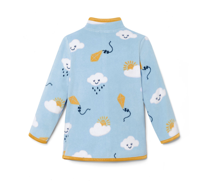 Helle Kleinkind-Fleecejacke mit Alloverprint aus Wolken, Sonne und Drachen.