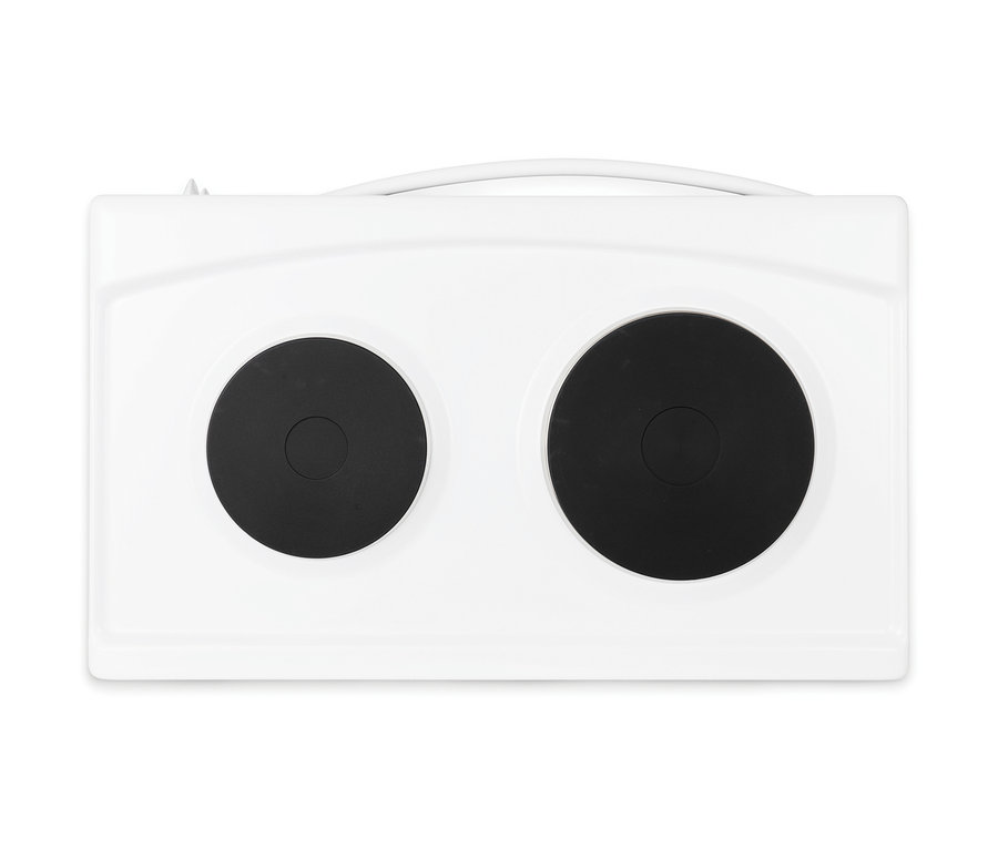 Weißer WILFA Mini-Ofen mit zwei schwarzen Kochplatten.