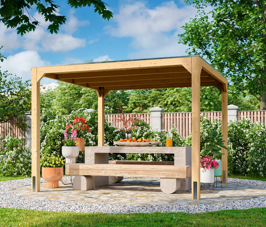 Auf Rasen steht ein Karibu Pavillon »Markaska«, ca. 320 x 320 cm mit Sitzgelegenheit und Blumen.