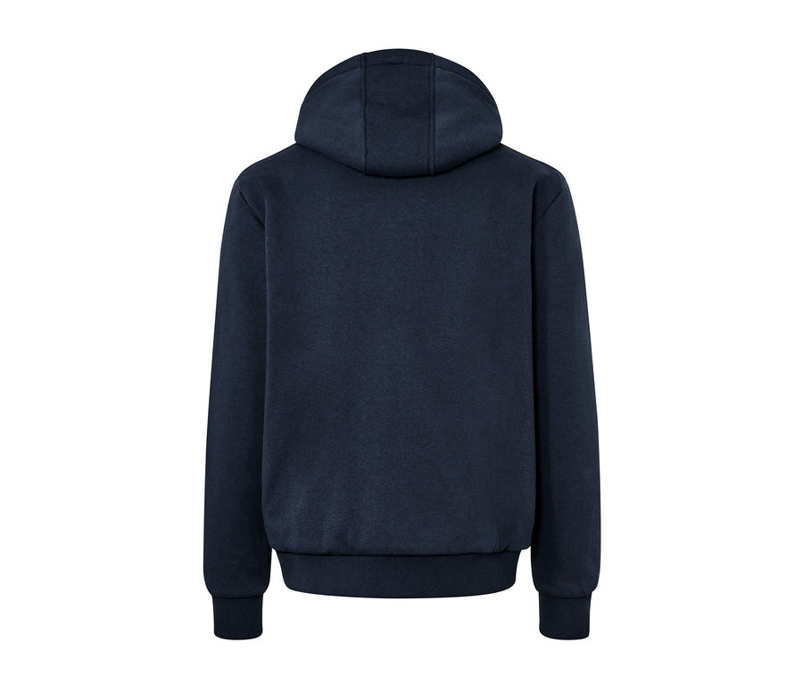 Dunkelblaue Kapuzen-Sweatjacke mit Teddyplüsch-Futter von hinten.