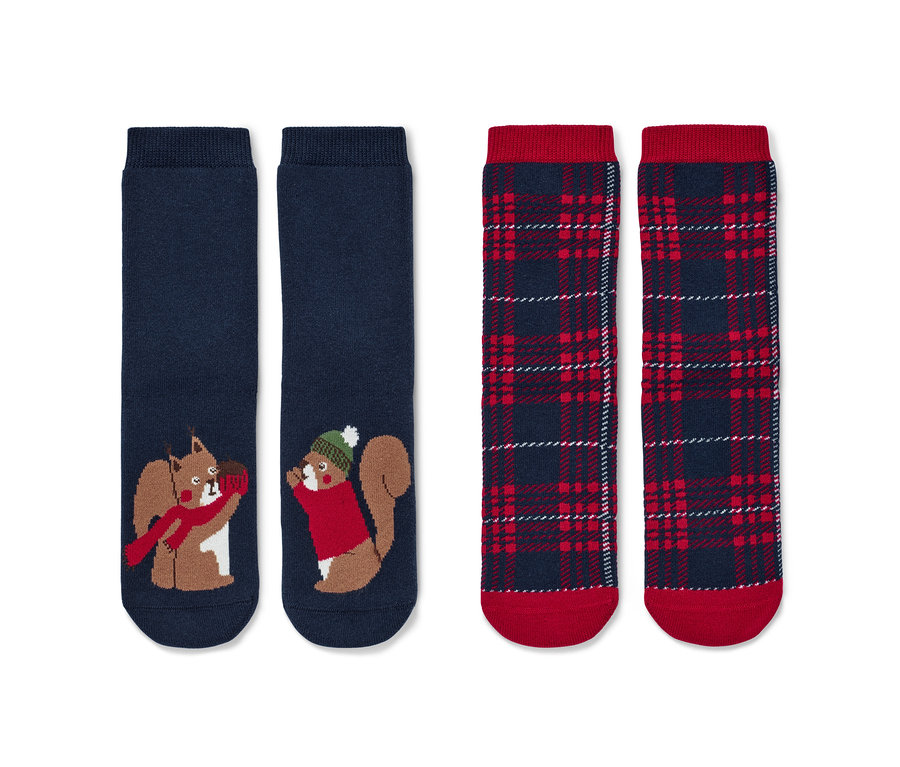Zwei Paar Kleinkind-Antirutsch-Socken mit Eichhörnchen-Motiv.