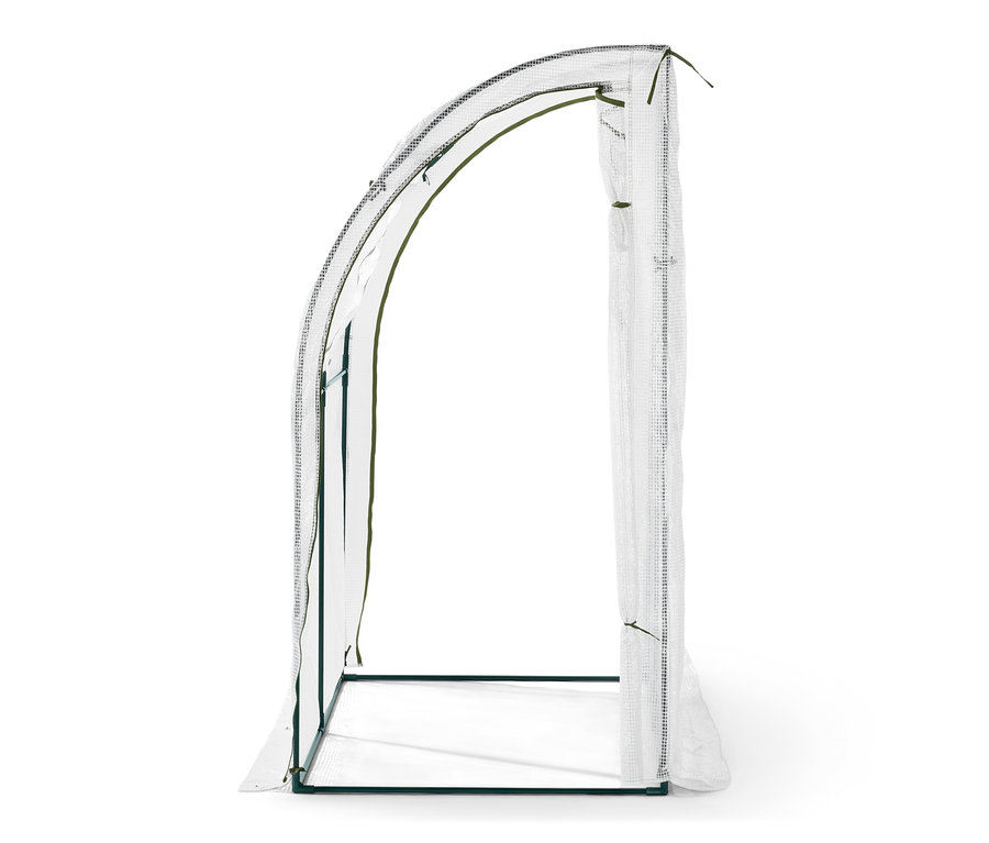 Leeres Anlehn-Pflanzenschutz-Zelt mit offener Tür.