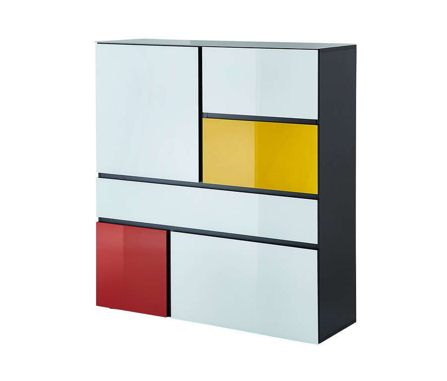 Highboard »Ideeus« mit weißen, gelben und roten Paneelen.