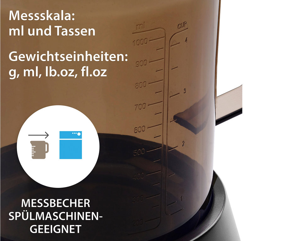 Detail einer digitalen ADE Rebecca Messbecherwaage mit Messskala in ml und Tassen und Gewichtseinheiten in g, ml, lb.oz, fl.oz. Spülmaschinenfest Symbol.
