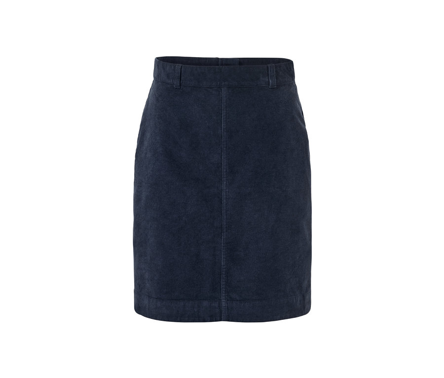 Detailansicht eines blauen Cordrocks.