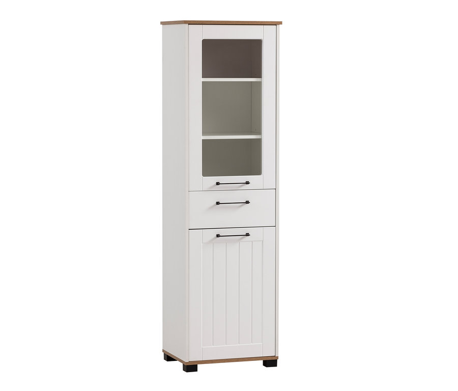 Weißer Hochschrank "Jelda" mit Glastüren im oberen Bereich und zwei Schubladen.