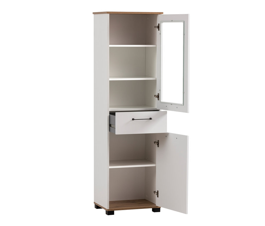 Weißer Hochschrank »Jelda« mit offener Tür und Schublade.