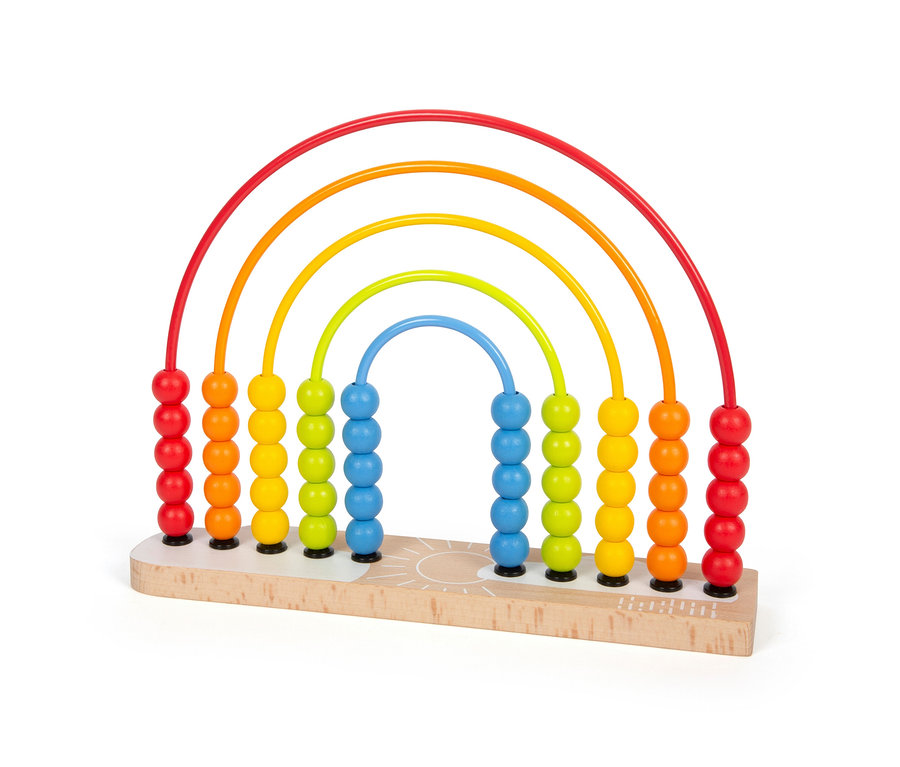small foot Motorikschleife und Abakus-Regenbogen Spielzeug mit bunten Perlen auf Drähten in Regenbogenform.