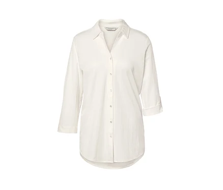 Cremeweiße Piqué-Jerseybluse mit Knöpfen und Dreiviertelärmeln.