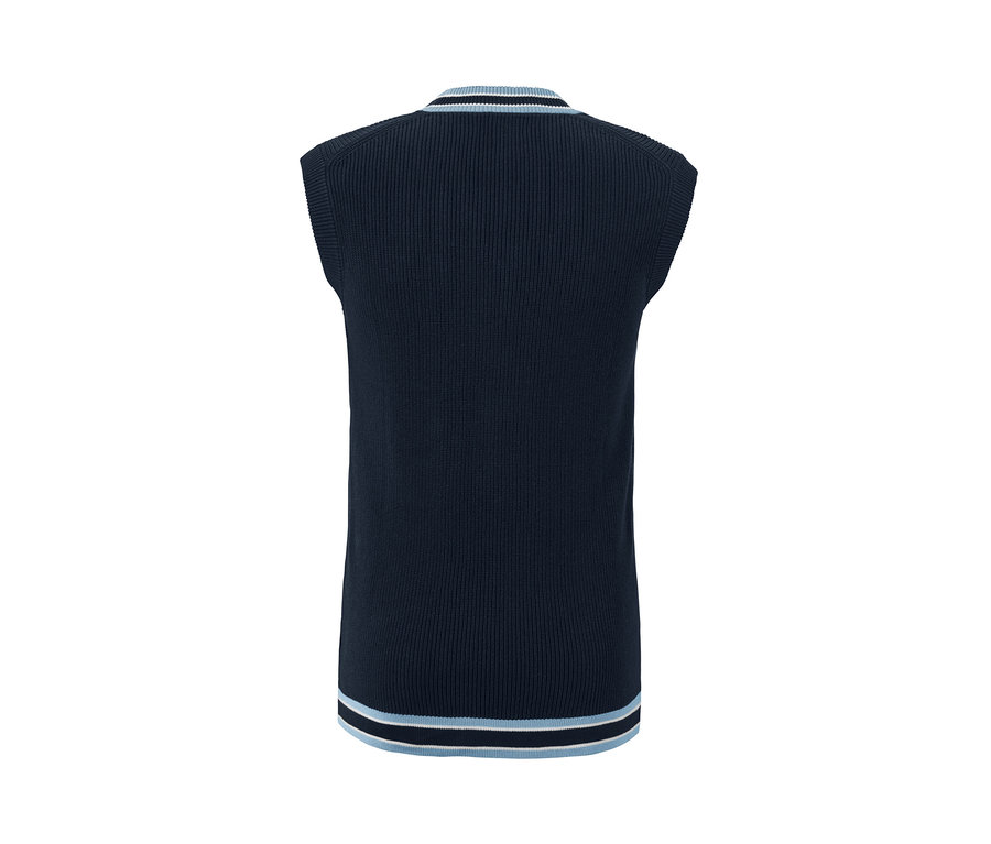 Dunkelblauer Strickpullunder mit Streifenmuster.