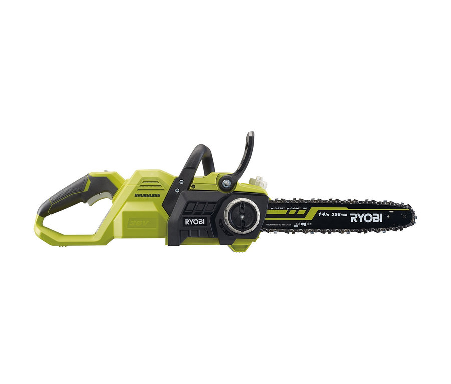 Eine gelb-schwarze Ryobi 36 V Brushless Akku-Kettensäge »RY36CSX35A-0« mit 35 cm Schwert.
