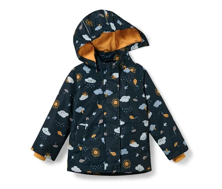 Dunkelblaue Kleinkind-Thermo-Regenjacke mit Alloverprint.