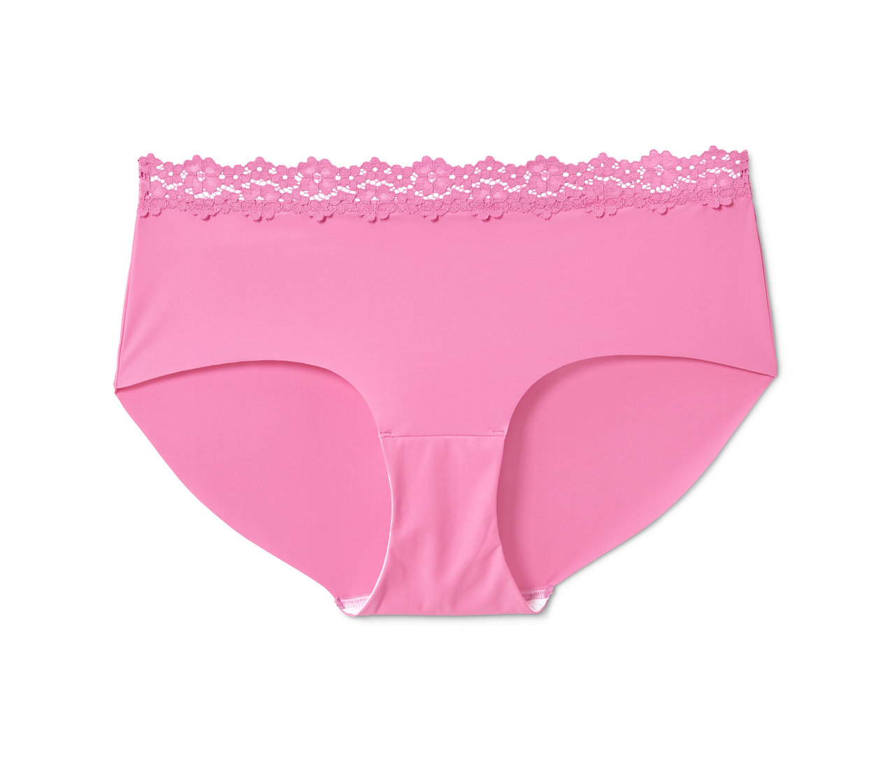 Ein einzelner, pinkfarbener Magic-Cut-Panty mit weißer Spitze.