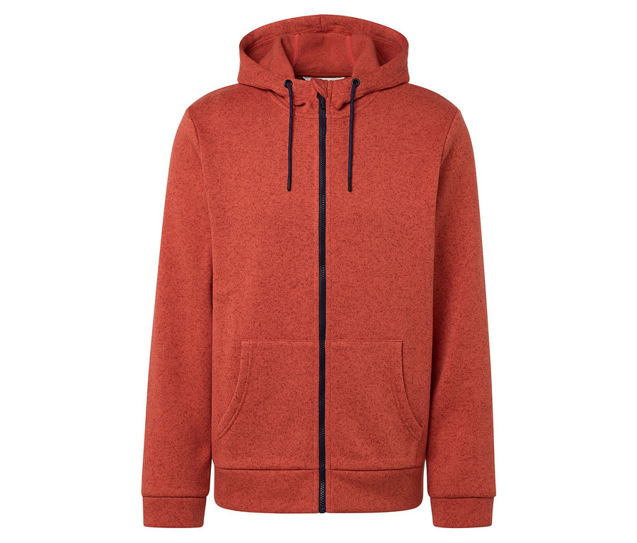 Orangefarbener Kapuzenpullover mit durchgehendem Reißverschluss.