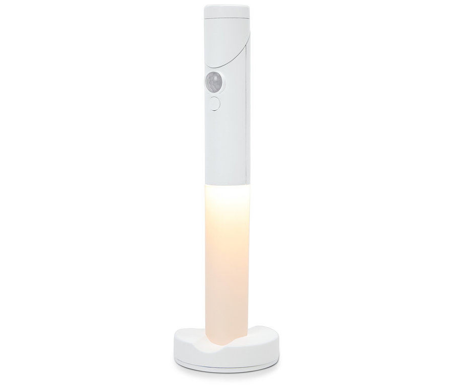 Eine weiße LED-Lampe auf einem Sockel.