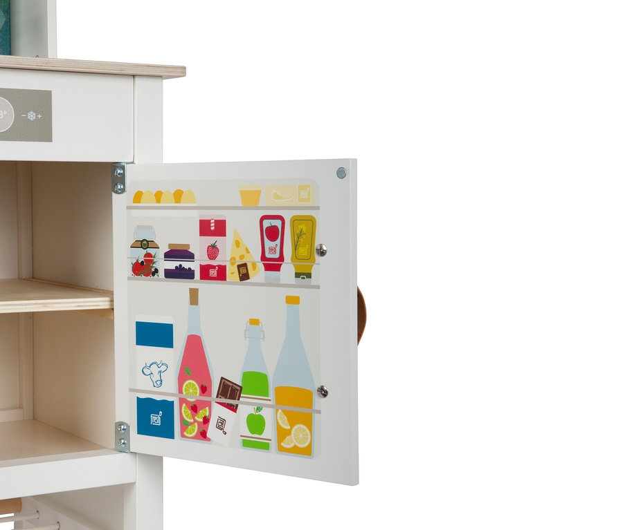 Offener Kühlschrank in small foot Kinderküche kompakt »tasty« mit Lebensmittelabbildungen.