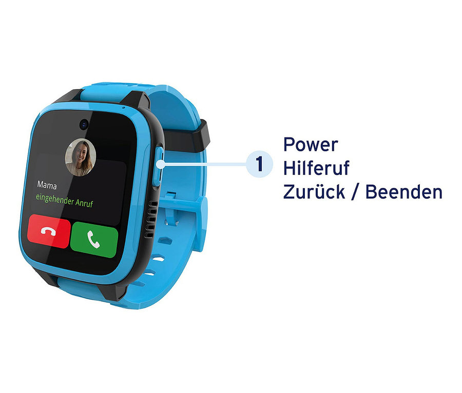 Nahaufnahme einer blauen Kinderuhr mit Touchscreen, die einen eingehenden Anruf von 'Mama' anzeigt. Kids Watch Xplora XGO3 blau.