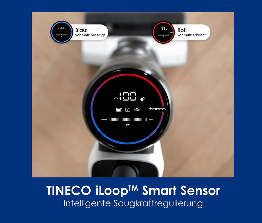 Detailansicht des Displays des Tineco Nass-Trockensaugers S6 Flashdry PET, das den Ladezustand und die Saugleistung anzeigt.