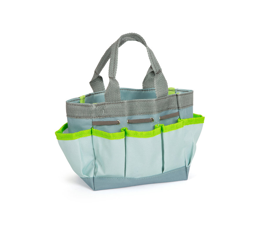 Eine blaue small foot Gartentasche mit Werkzeug, grauen Griffen und grünen Details.