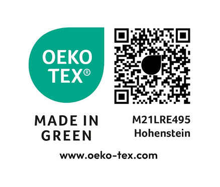 Ein grünes OEKO-TEX Logo und ein QR-Code.