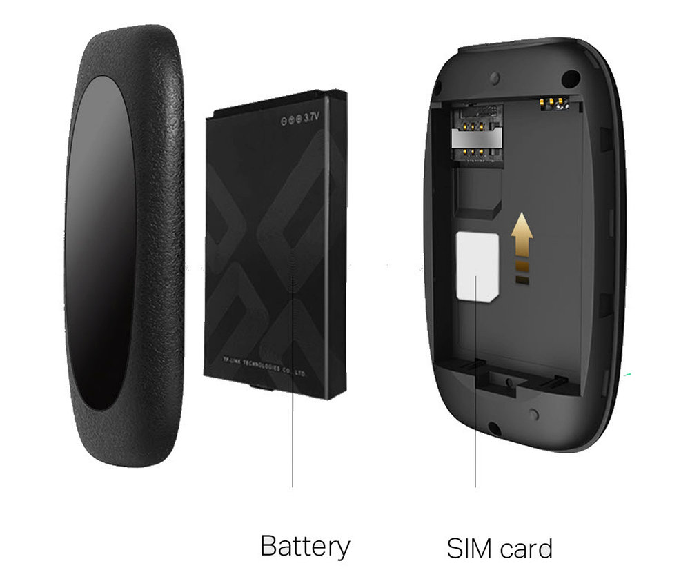 Schwarzes Gehäuse, Batterie und SIM-Kartenfach für TP-Link Router.