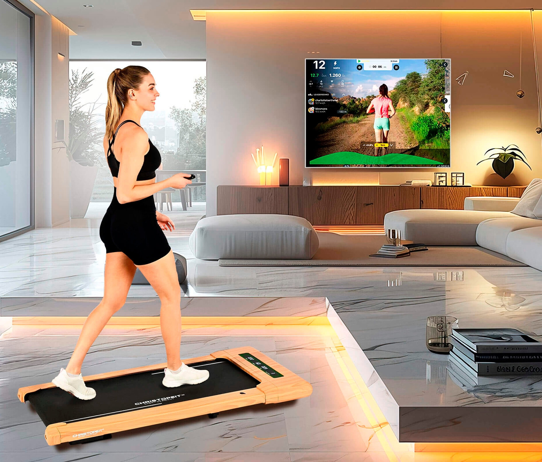 Frau geht auf Walking-Pad »4.2 Holzoptik« im Wohnzimmer.