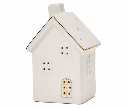 Ein Keramikhaus mit Fenstern und goldenen Details steht auf einem weißen Hintergrund.