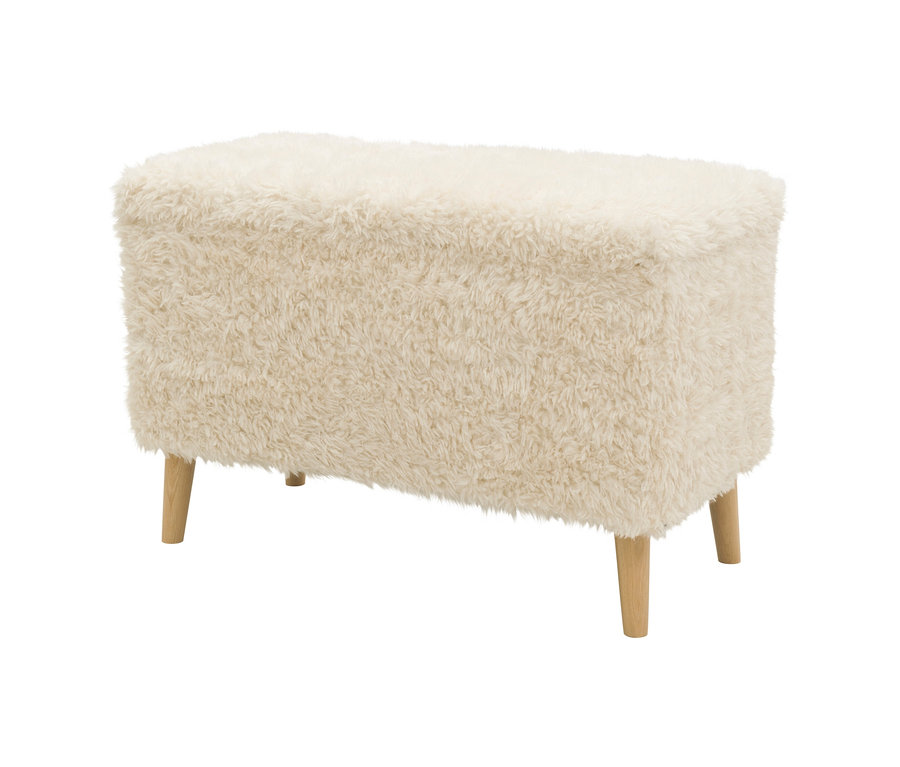 Cremefarbener DOMO Hocker mit Staufach auf vier Füßen.