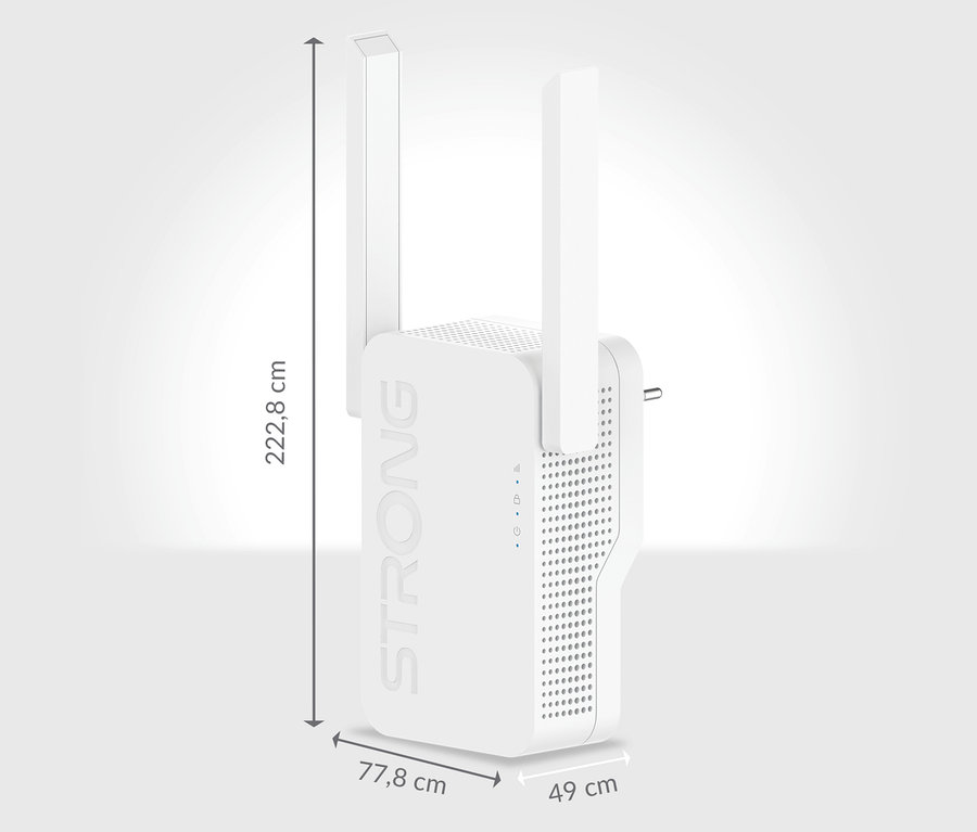 Abmessungen des weißen Strong Wi-Fi 6 Repeaters »AX 1800« sind 222,8 x 77,8 x 49 cm.