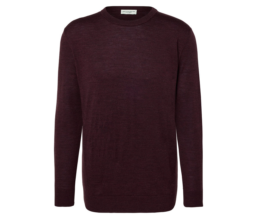 Dunkelrot melierter Merino-Pullover.