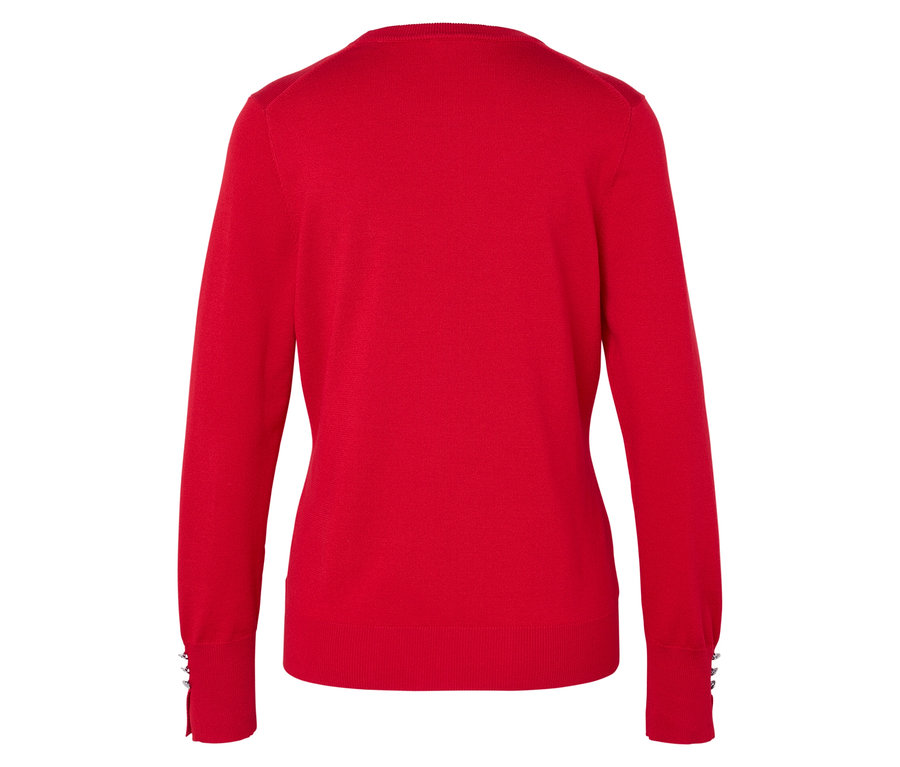 Rückansicht eines roten Langarmpullovers.