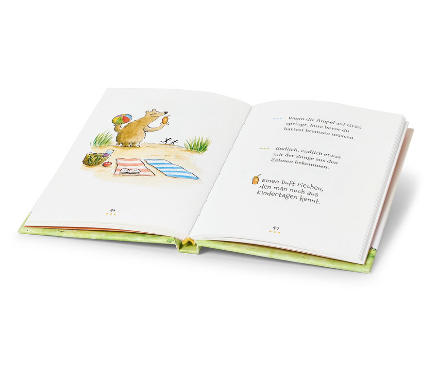 Illustration eines Bären, der ein Eis am Stiel am Strand neben einer Picknickdecke und einem Korb hält.