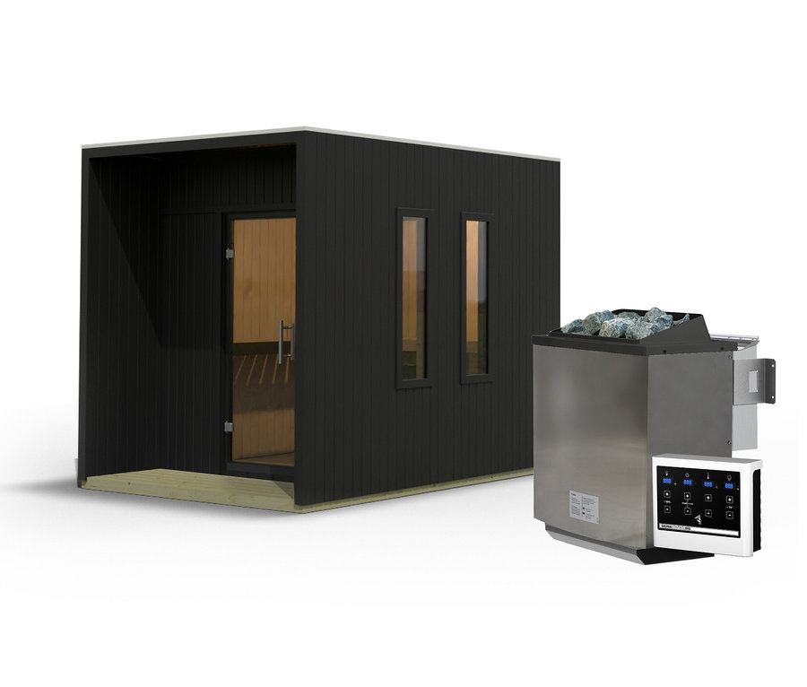 Schwarzes Karibu Saunahaus »Gwen« klein, Classic mit Glastür und Ofen.