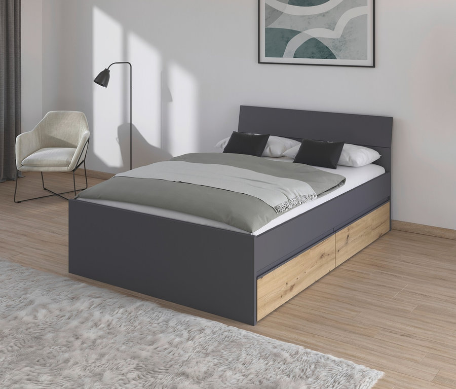 Zimmer mit rauch Bett »Joel« mit 2 Schubladen, grau metallic/Eiche Artisan, 140 x 200 cm.