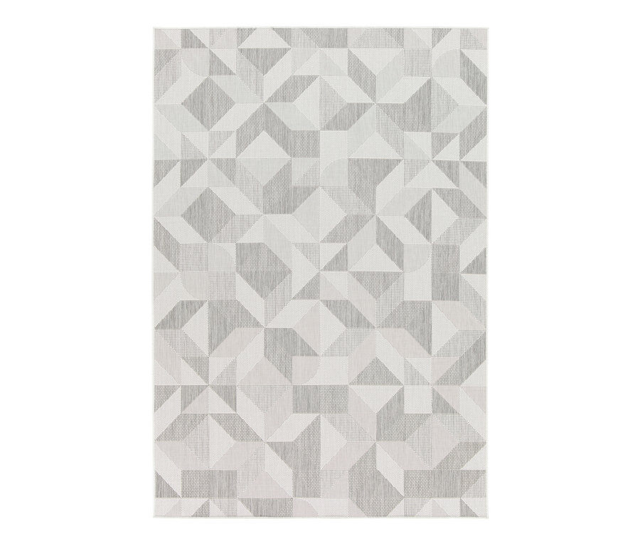 Faltbarer Outdoor-Teppich im Mosaik-Design mit geometrischem Muster in Grau- und Weißtönen.