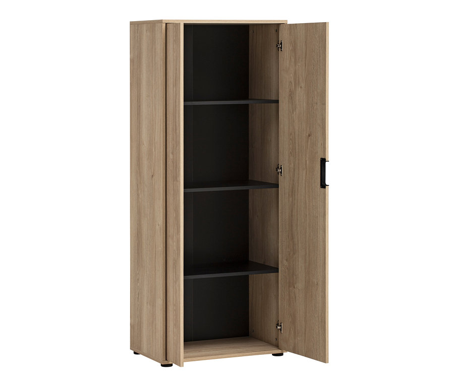 Geöffneter Aktenschrank »Emmik«, weißeiche gestreift, mit schwarzen Regalen.