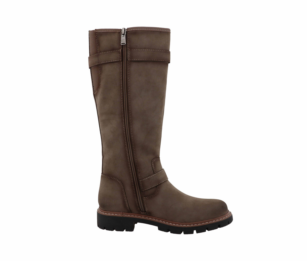 Ein brauner Reitstiefel aus Leder mit Reißverschluss und dekorativen Schnallen.