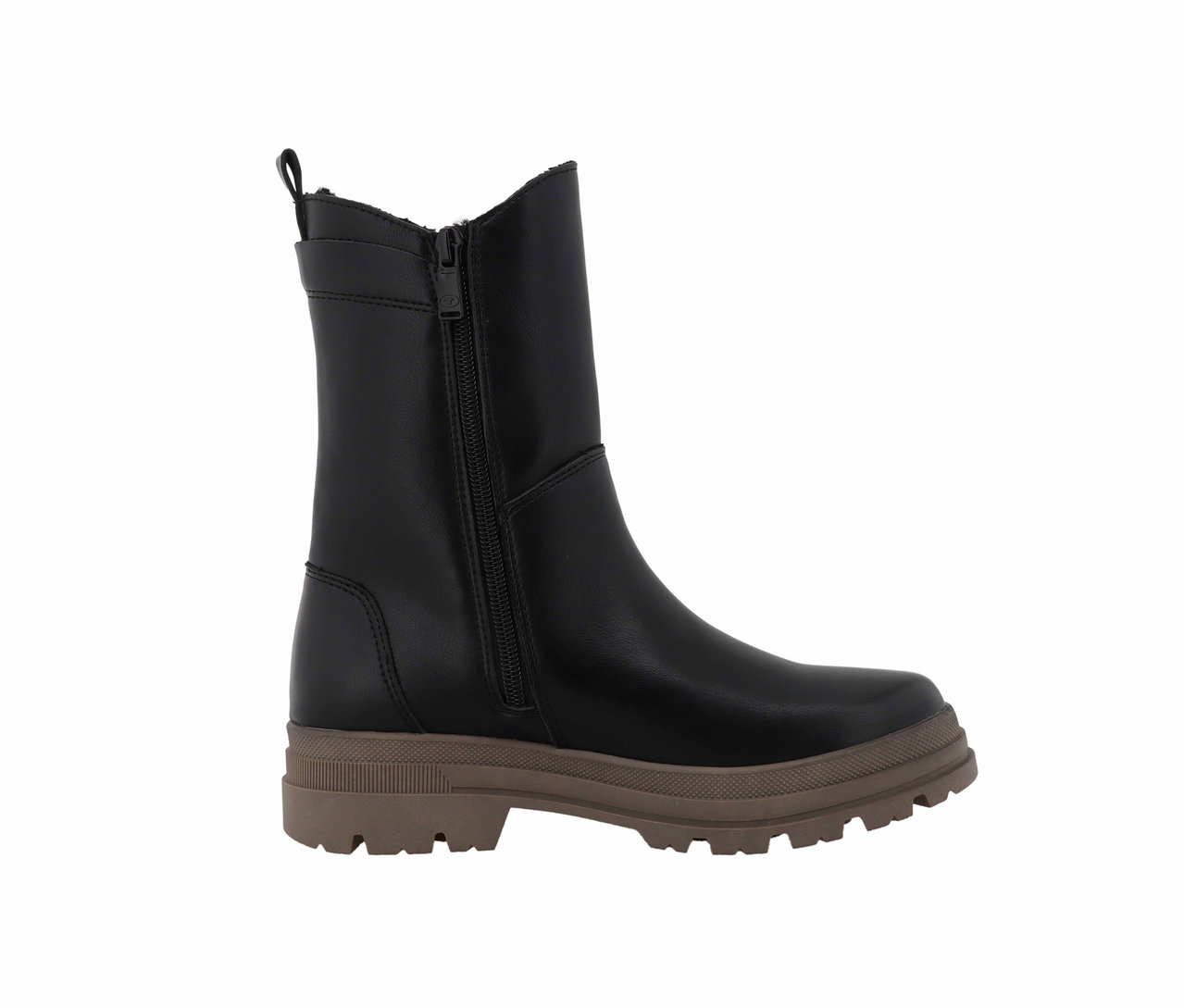 Schwarzer Stiefel mit Reißverschluss und brauner Sohle.