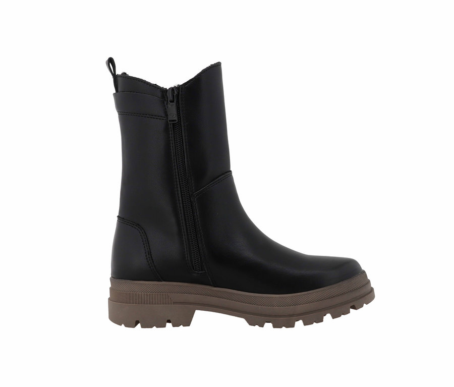 Schwarzer Stiefel mit Reißverschluss und brauner Sohle.