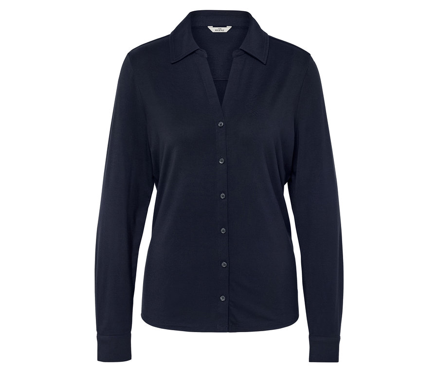 Dunkelblaues Langarmhemd mit Knöpfen.