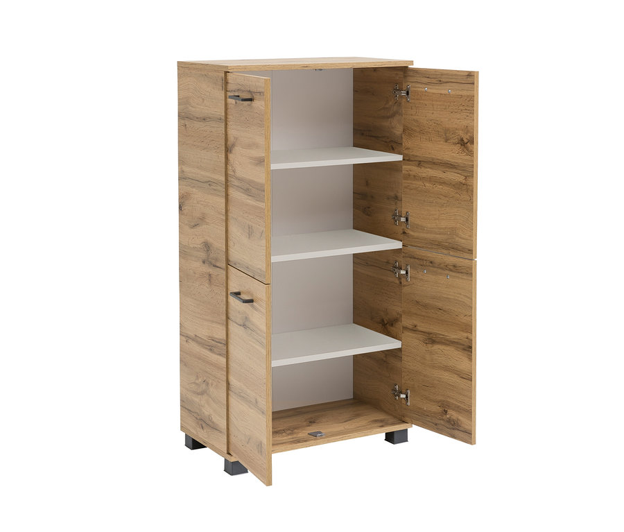 Geöffnetes Highboard »HB 600 Nora« mit Holzdekor und weißen Regalböden.