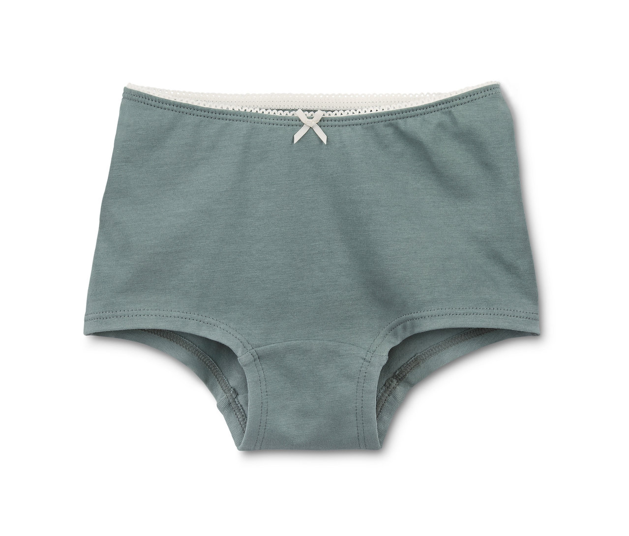 Eine einzelne Mädchen-Panty aus einem 7er-Pack, blaugrün mit weißer Spitze und Schleife, auf weißem Hintergrund.