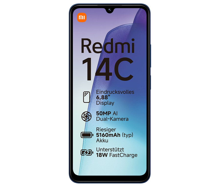 Abbildung eines blauen Xiaomi Redmi 14C Telefons.