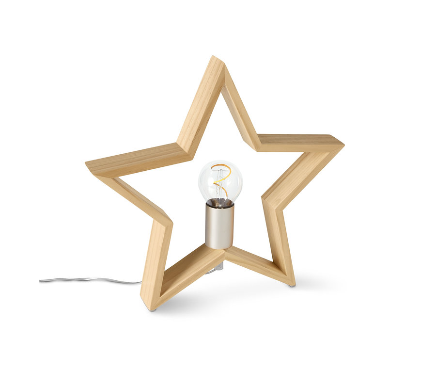 Ein LED-Holzstern mit einer Glühbirne in der Mitte.