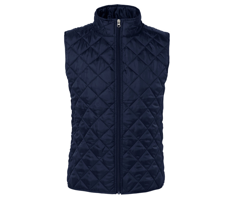 Dunkelblaue Steppweste mit Reißverschluss in der Mitte.