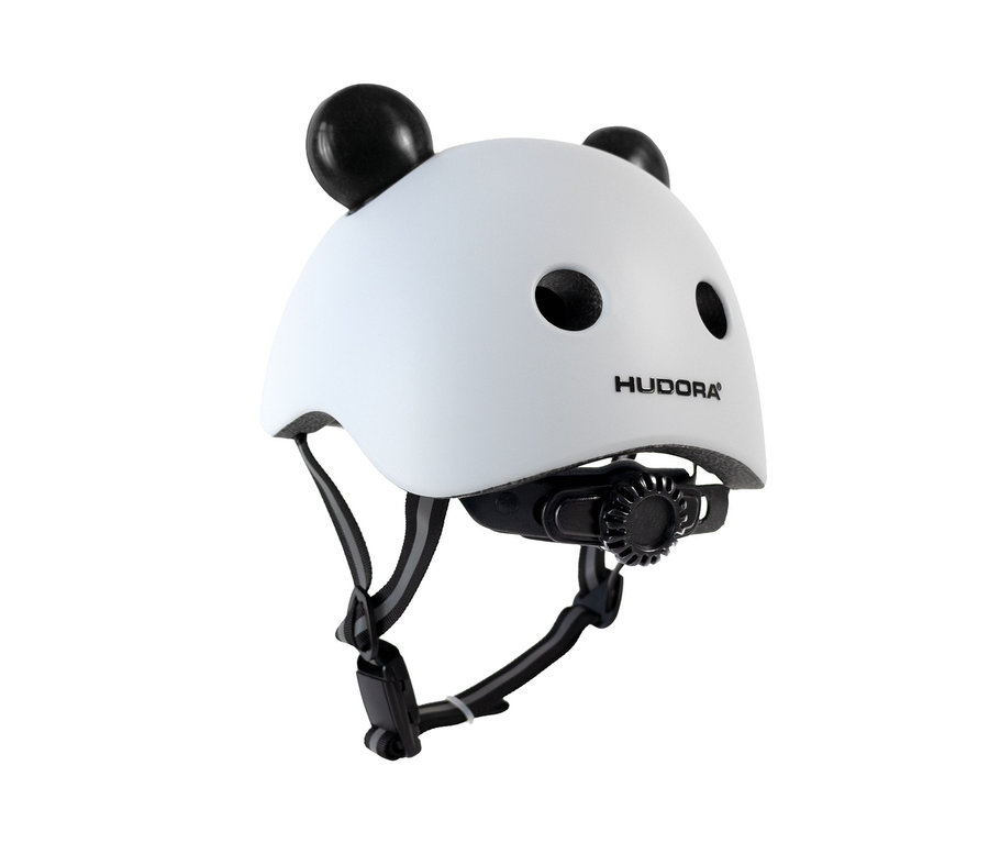 Weißer HUDORA Kinderhelm »Pandy« mit schwarzen Ohren.