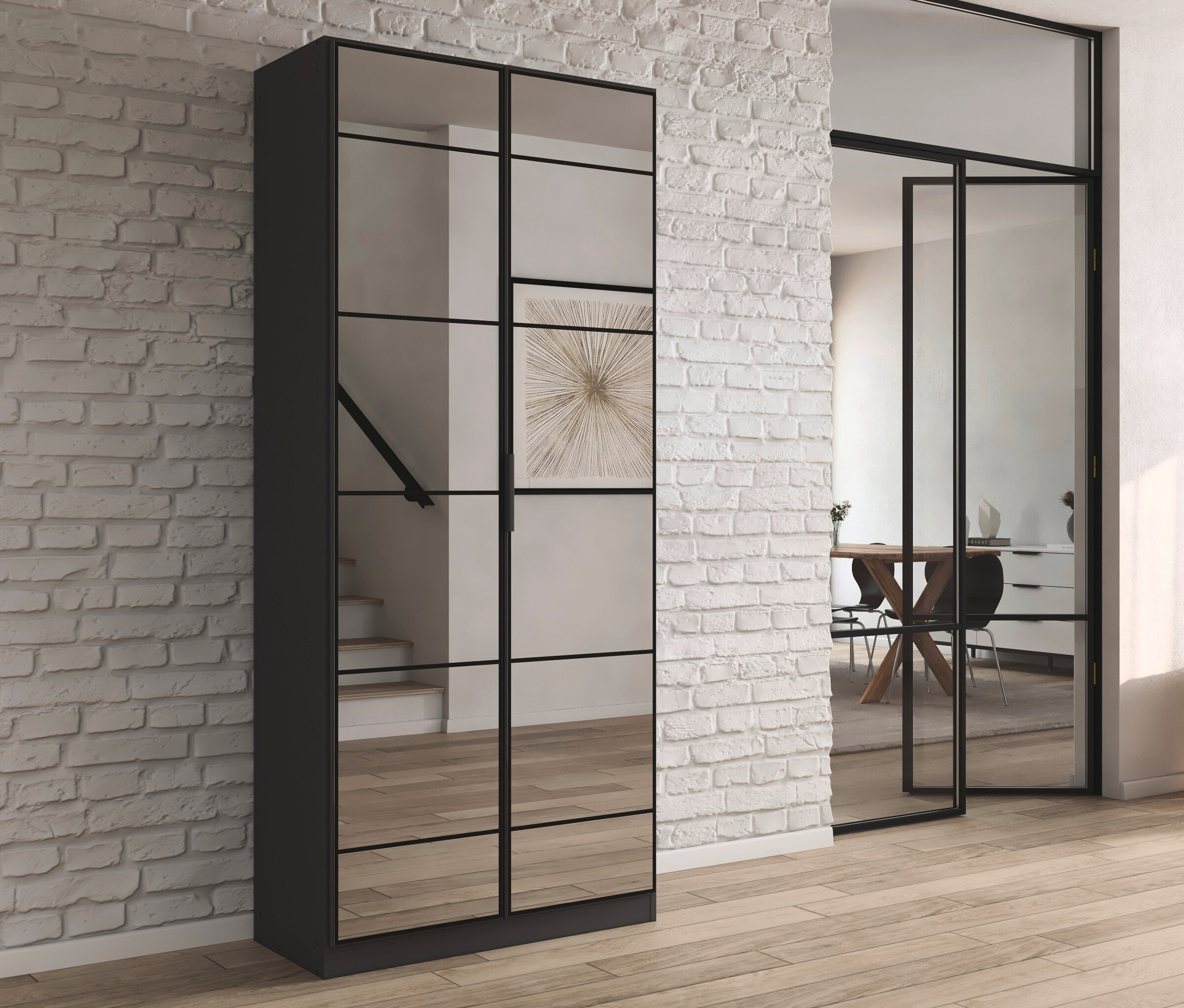 Im Raum steht ein grauer, metallischer, zweitüriger Rauch Schrank »Acero«.