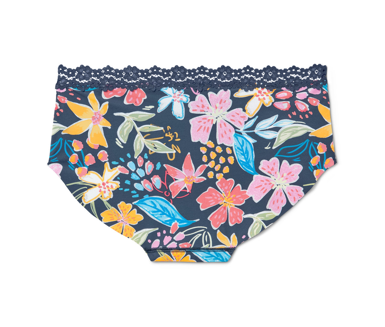 Nahaufnahme eines einzelnen Magic-Cut-Pantys mit Blumenmuster und Spitzenbesatz.