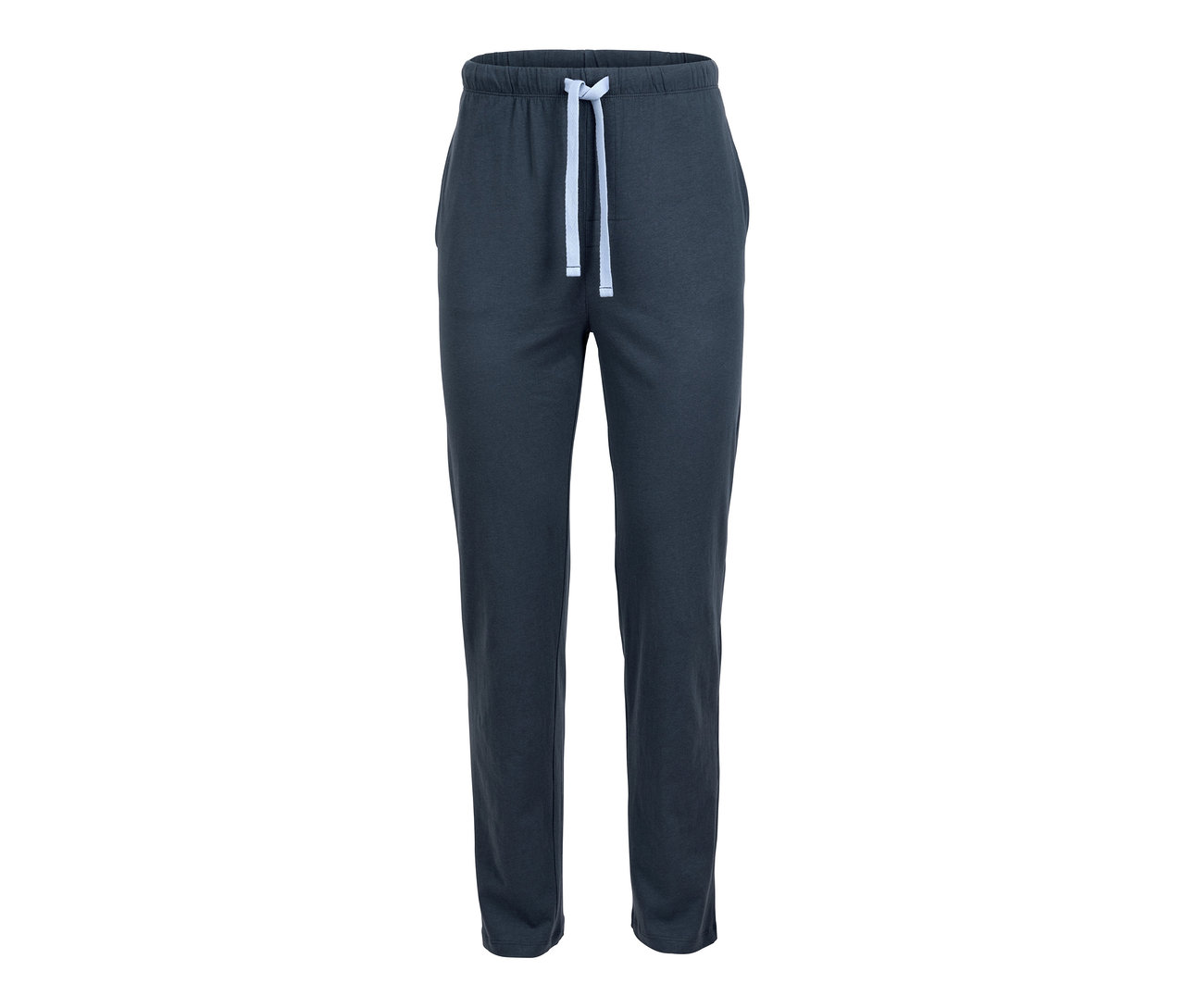 Eine marineblaue Pyjamahose mit hellem Kordelzug.